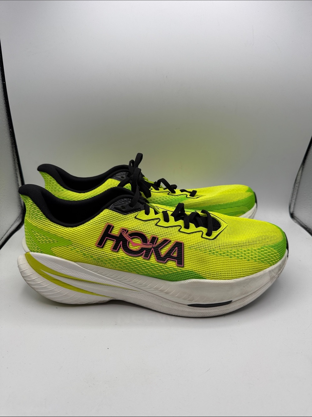 Hoka MACH X 3 men’s 13D lime with pink/black outlined Name S16